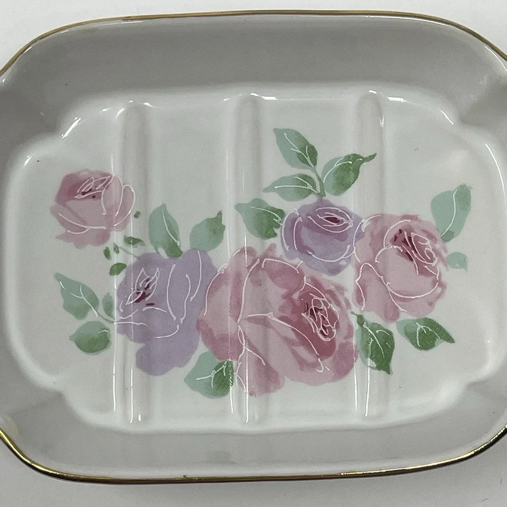 Vintage Ceramic Soap Dish Pink Purple Roses Gold Trim Made in Japan Vanity Tray